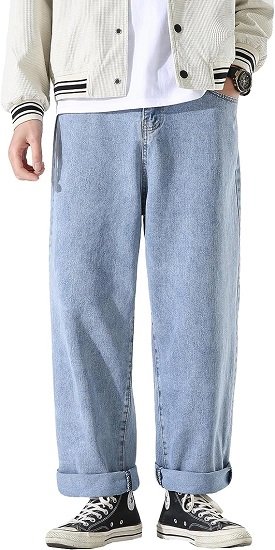 Men's Work Jeans Casual Hip Hop Cargo Solid Color Loose Fit Straight Wide Leg Cotton Denim Pants with Zipper