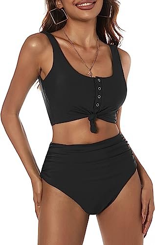 Women's High Waisted Bikini Scoop Neck Swimsuit Two Pieces Bathing Suit