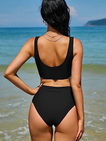 Women's High Waisted Bikini Scoop Neck Swimsuit Two Pieces Bathing Suit