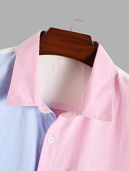 Men's Colorblock Button Down Short Sleeve Pocket Front Shirt Tops
