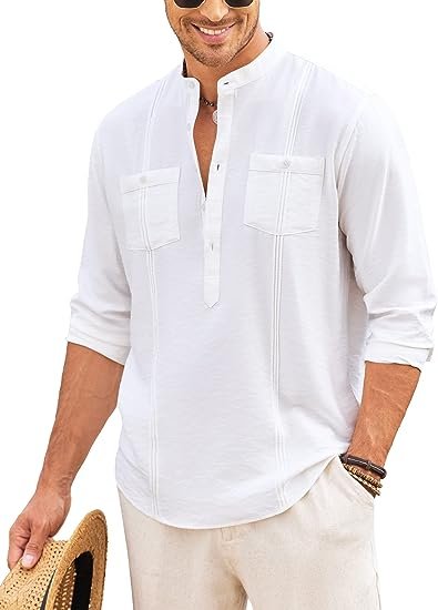 Men's Linen Henley Shirt Long Sleeve Casual  Cotton Beach T Shirts