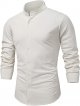 Mens Cotton Linen Shirts Summer Casual Long Sleeve Band Collar Button Down Beach Shirt