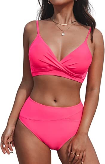 Women's Swimsuit High Waisted V Neck Twist Front Adjustable Spaghetti Straps Bathing Suit