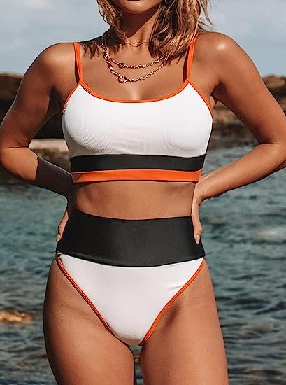 Women's Sporty Color Block High Waisted Bikini 2 Piece Swimming Suit