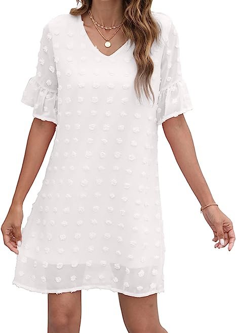 Women's White Dress Sweet and Cute V Neck Ruffle Short Sleeve Sun Protection Dress Wide